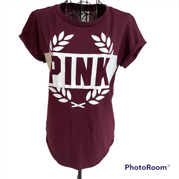 PINK Victoria’s Secret Maroon w/ White Logo Short Cuffed Sleeve Shirt Size S - Picture 1 of 8